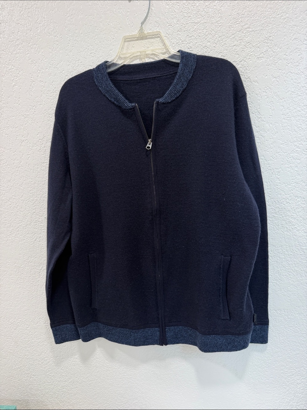 Calvin Klein Merino Wool Navy Zip-Front Knit Cardigan with Striped Trim NWOT  Lg